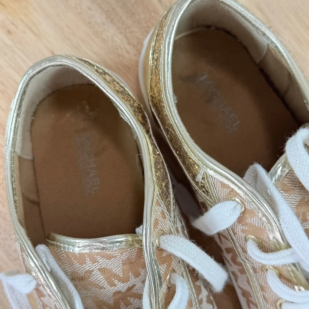Michael Kors Cali Starla 2‎ Logo Jacquard Glitter Sneakers Tan Gold 3 Big Kids